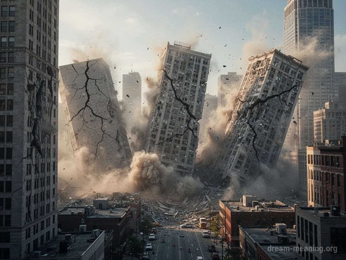 City buildings cracking and tilting during an earthquake.
