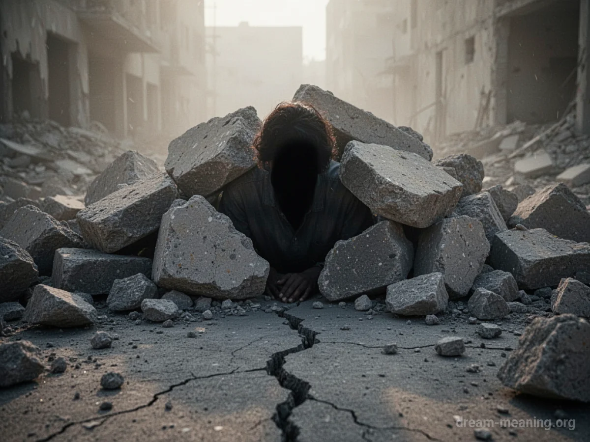 A person's head and shoulders visible above a pile of dirt and debris.