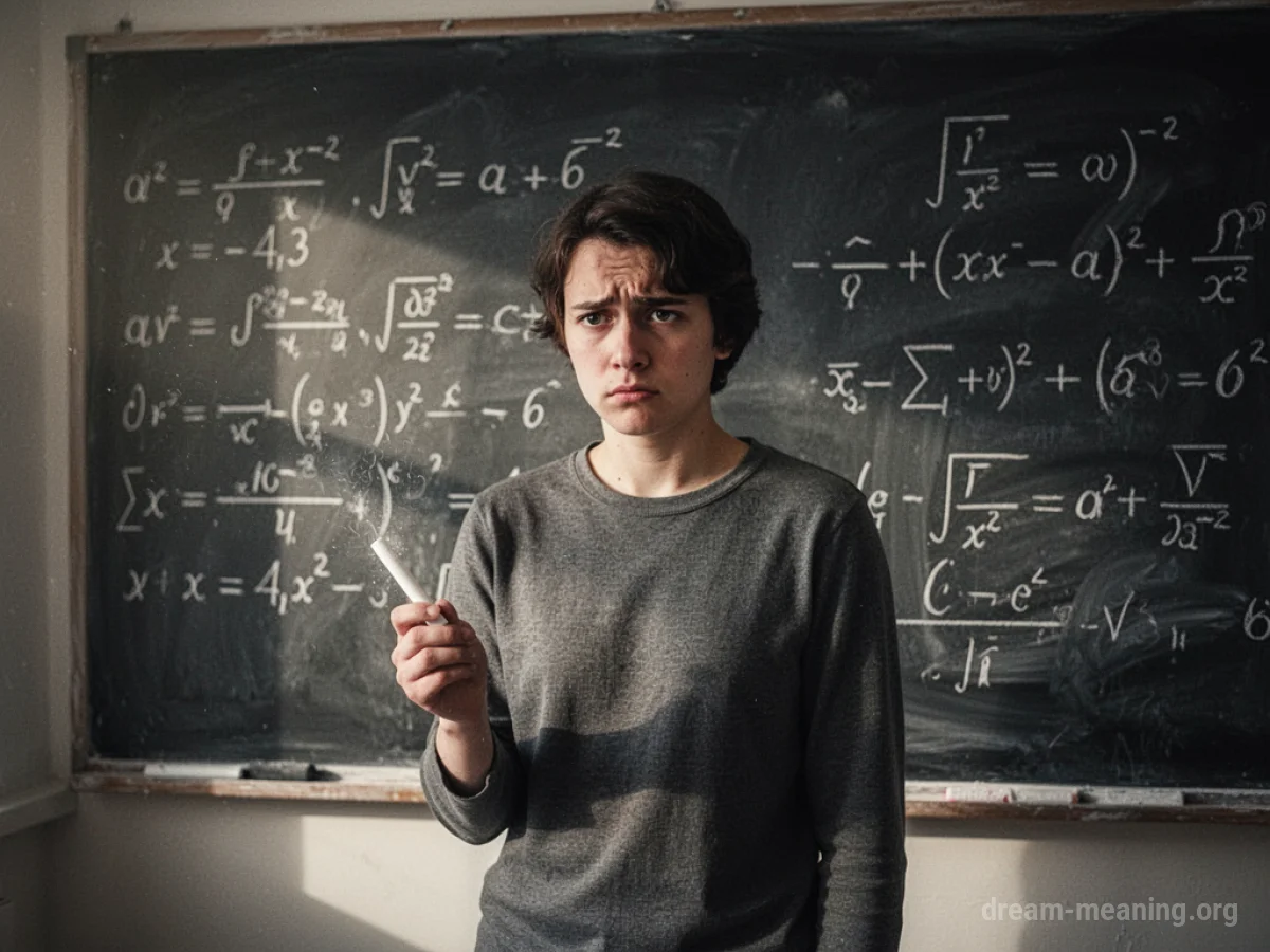A person looking at a chalkboard with equations, holding chalk uncertainly.