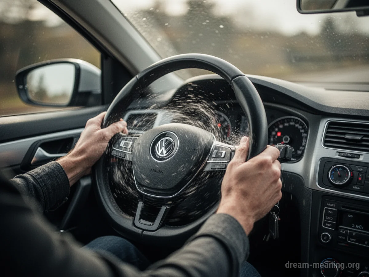 View from inside a car with the steering wheel shaking violently.
