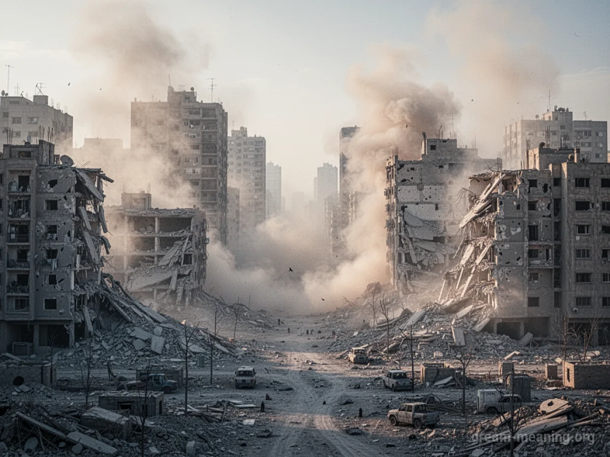 A distant view of a city with some buildings in ruins after an earthquake.