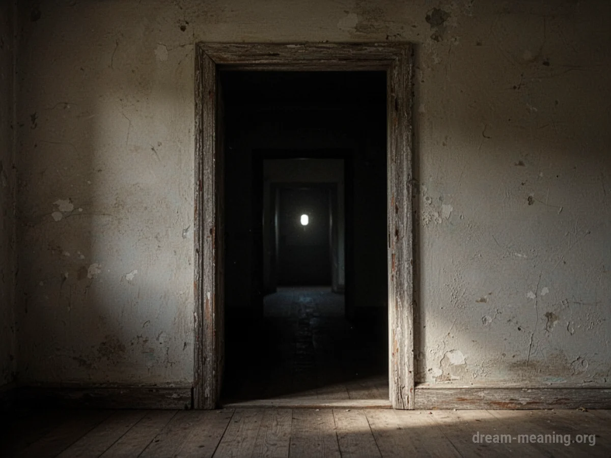 An empty doorway with a faint light in the distance.