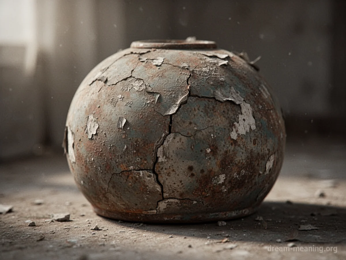 A worn and faded object with visible cracks and imperfections.