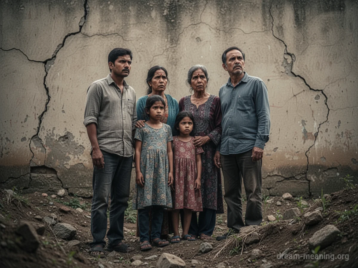 A family stands on cracked earth with slightly damaged walls in the background.
