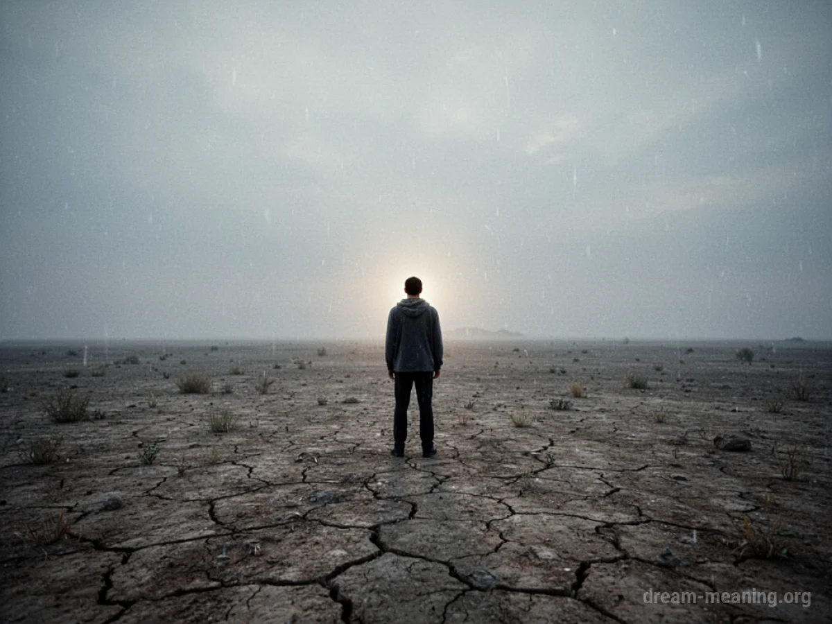 A person stands on fractured ground with a faint light on the horizon.
