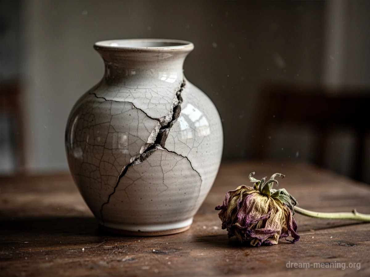 A cracked ceramic vase with a visible flaw next to a wilted flower.