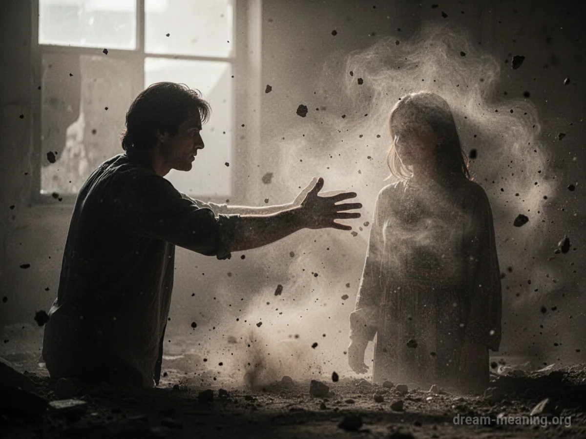 A silhouette of one person extending a hand towards another person obscured by dust.
