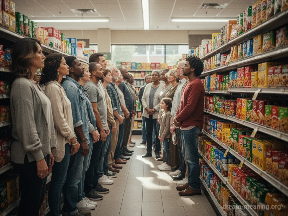 A long queue of people in a grocery store aisle.