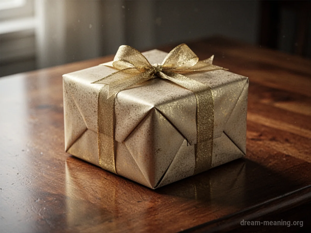 A closed gift box with elegant wrapping and a ribbon.