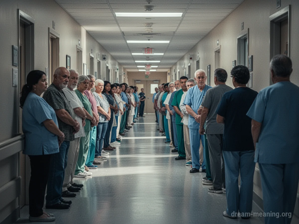 A line of people waiting in a hospital hallway.