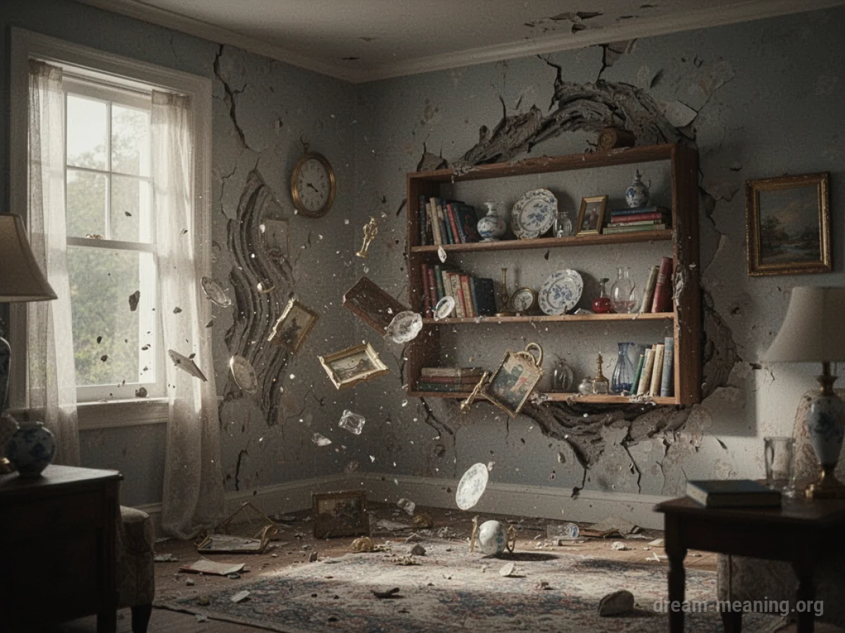 Interior view of a room with visible tremors affecting the walls and furniture.