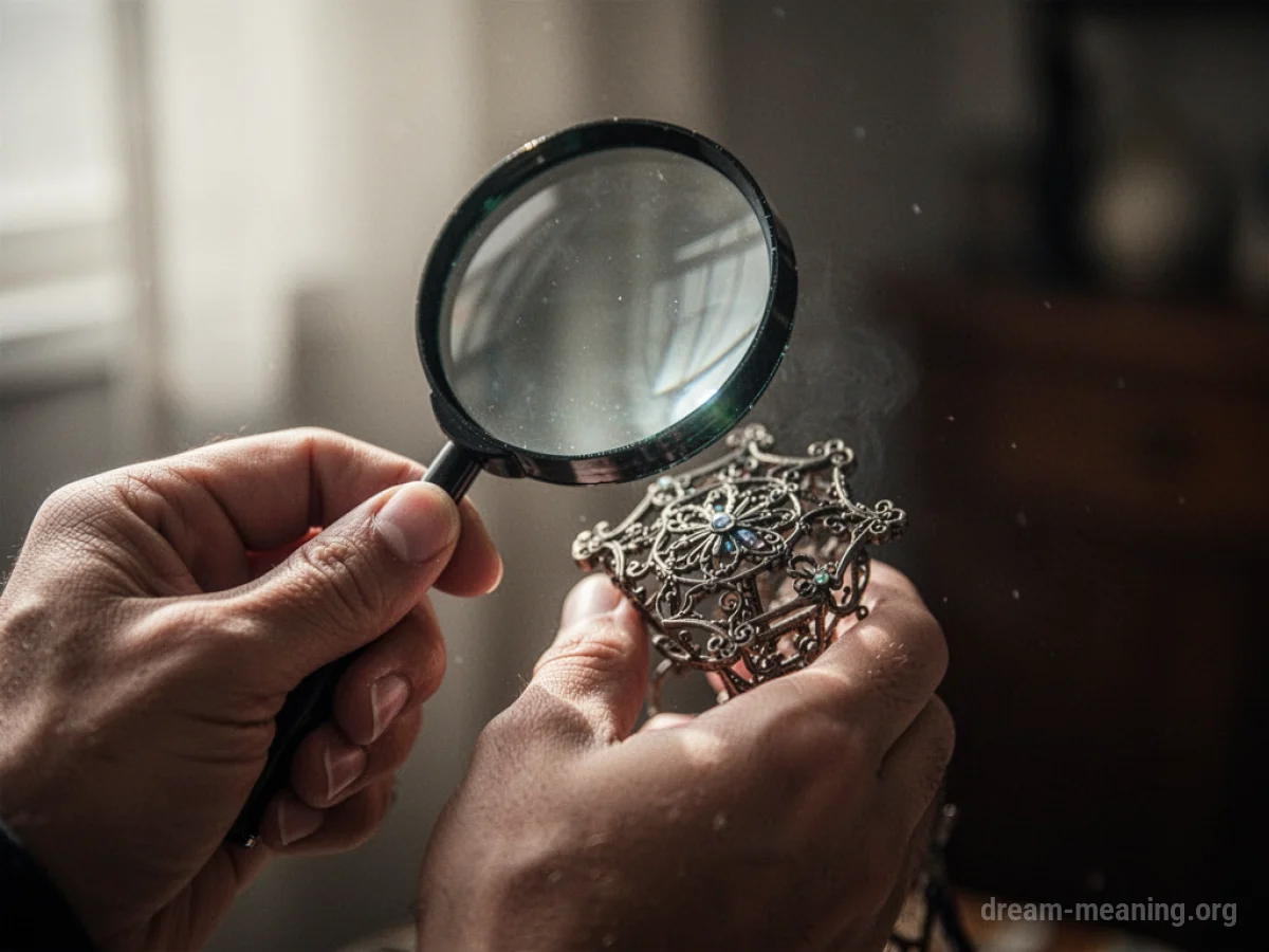 A hand holding a magnifying glass over a detailed object.