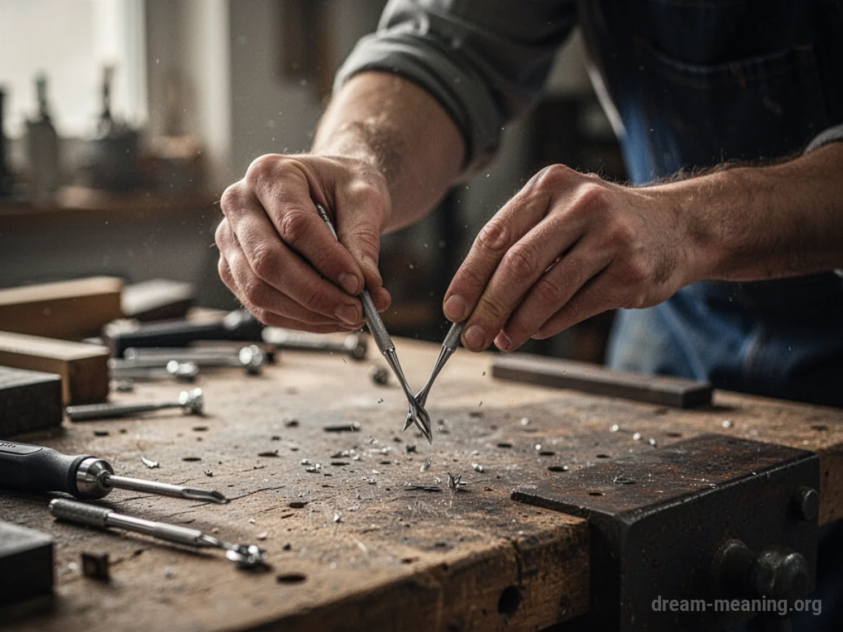 Hands dropping a tool onto a wooden workbench.