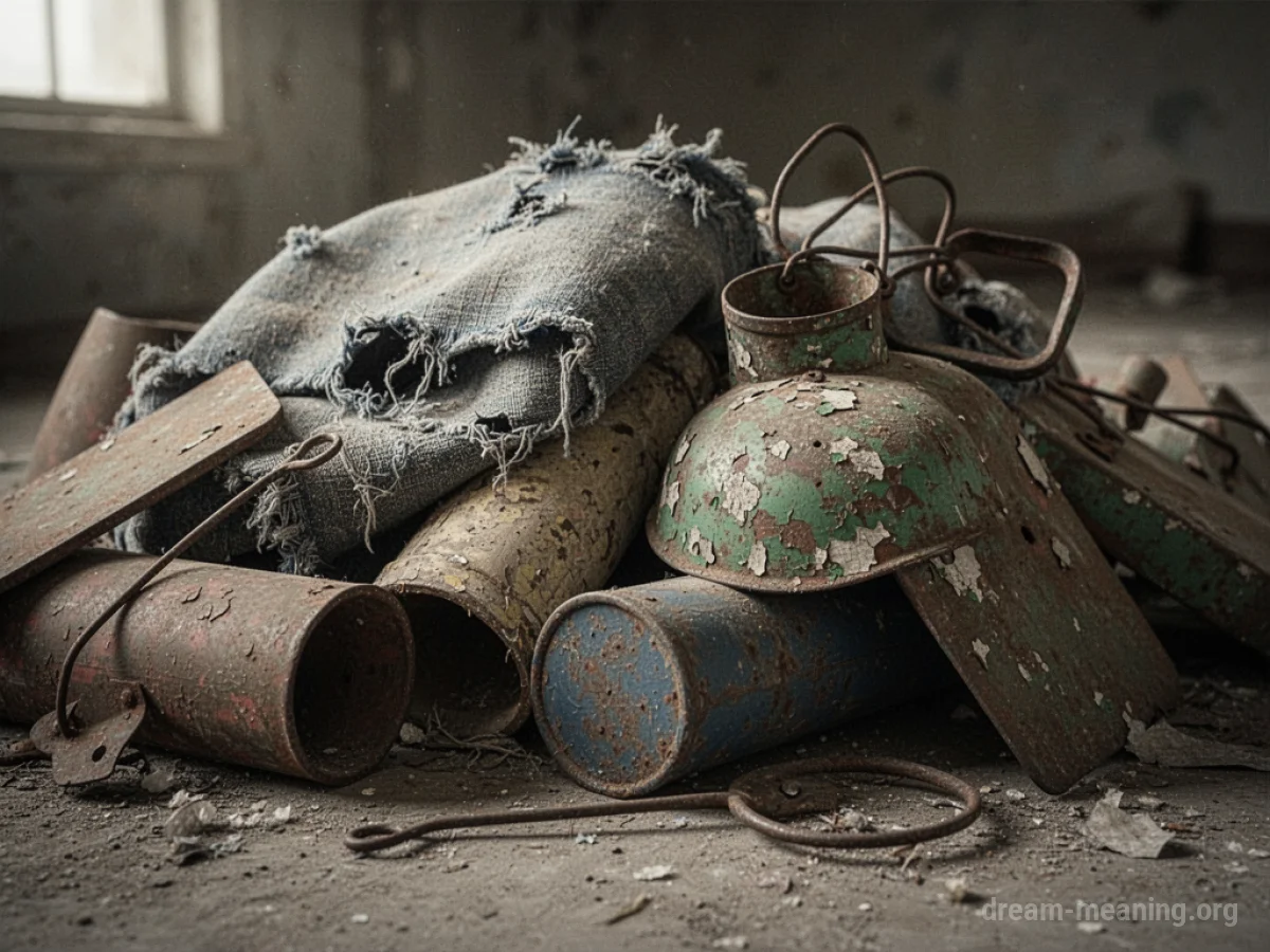 A disordered pile of various damaged and worn items.