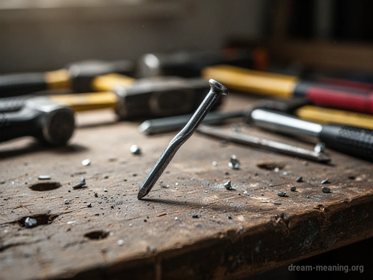 A solitary bent nail resting on a wooden surface.