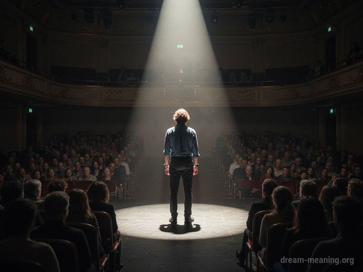 A person illuminated by a single spotlight in a dark room.