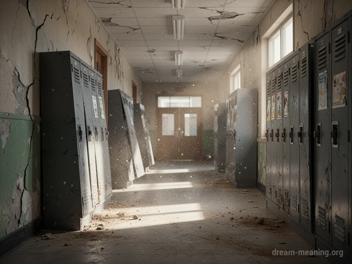 A school hallway with damaged walls and lockers.