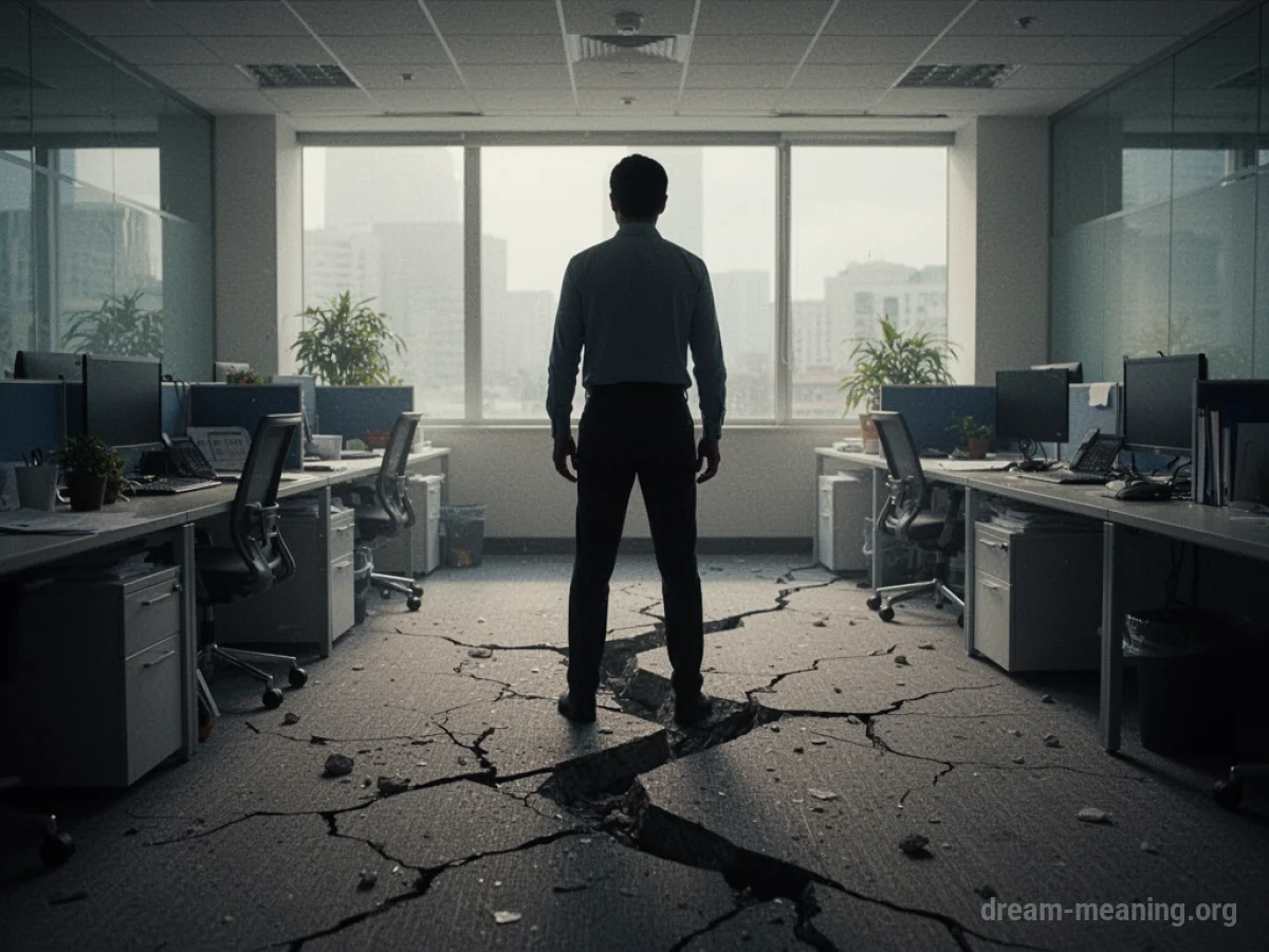 A person standing in a tilted office with a cracked floor.