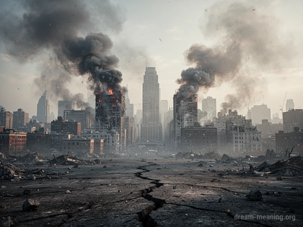 Smoke plumes rising from damaged buildings in a city under a cloudy sky.