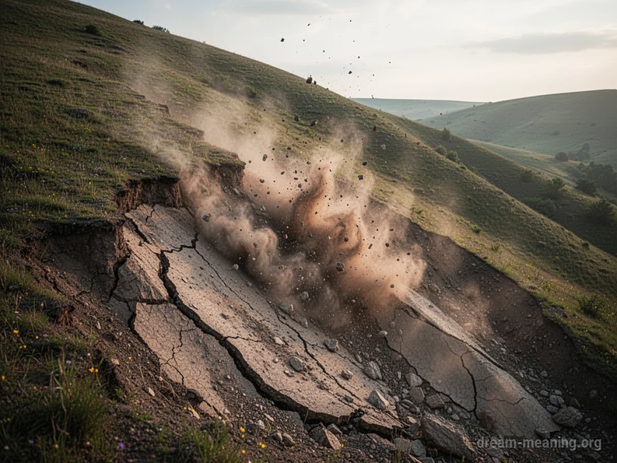 A large section of a hillside breaking apart and sliding down a slope.