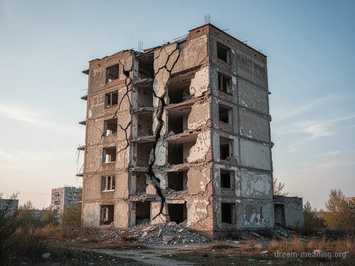 A building with visible cracks in the foundation and walls, standing upright.