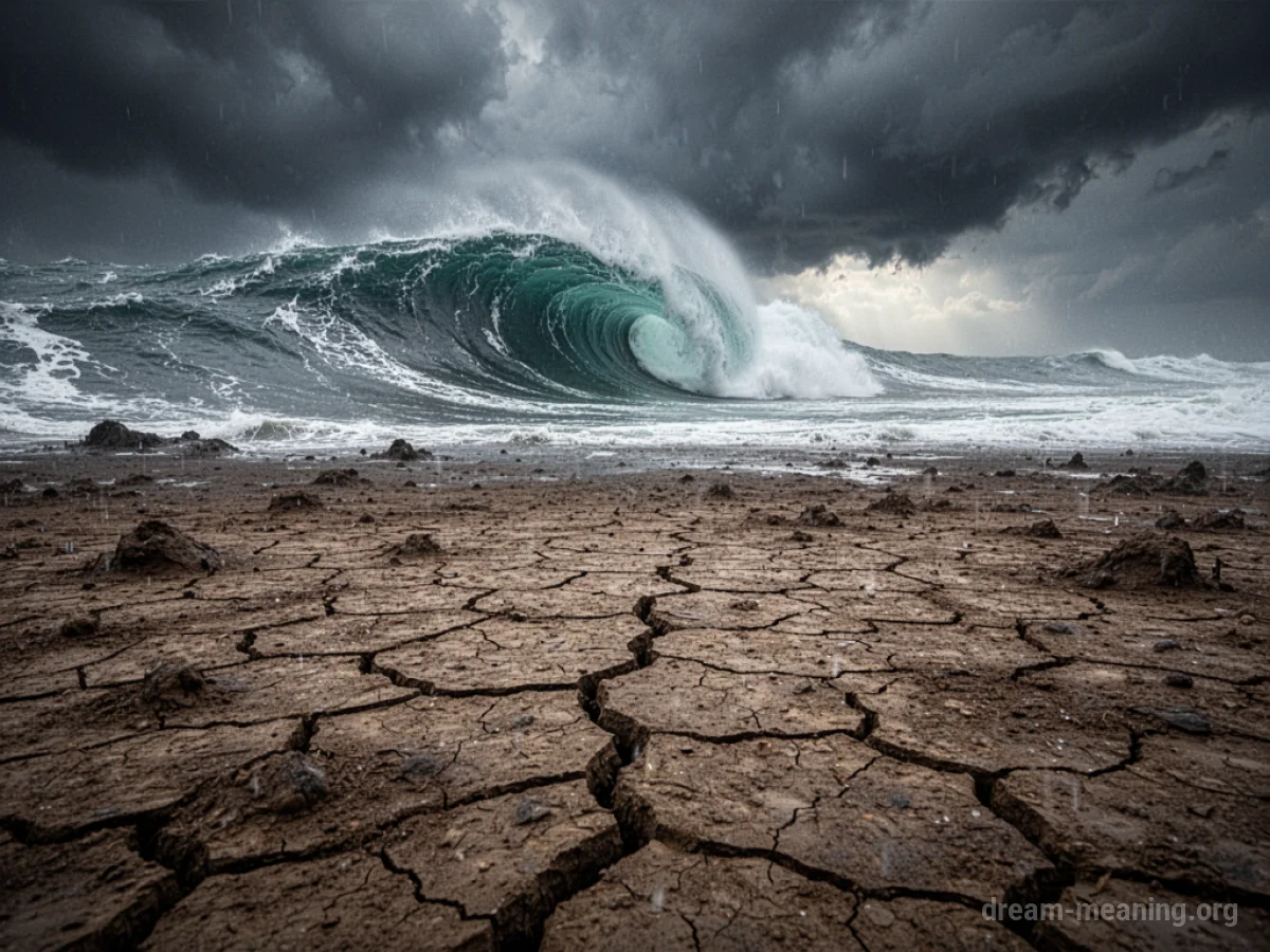 Cracked earth surface with a large wave in the distance under a stormy sky.