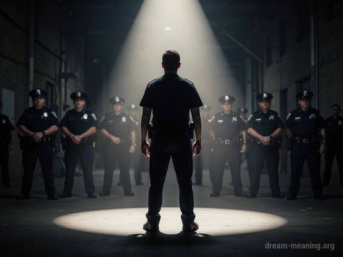 Silhouette of a person in a spotlight with police officers blurred in the background.