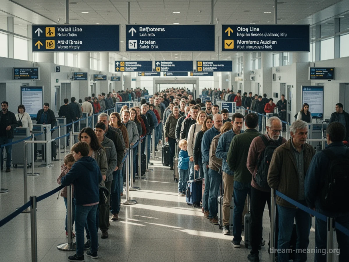 A long line of people waiting in an airport security checkpoint.