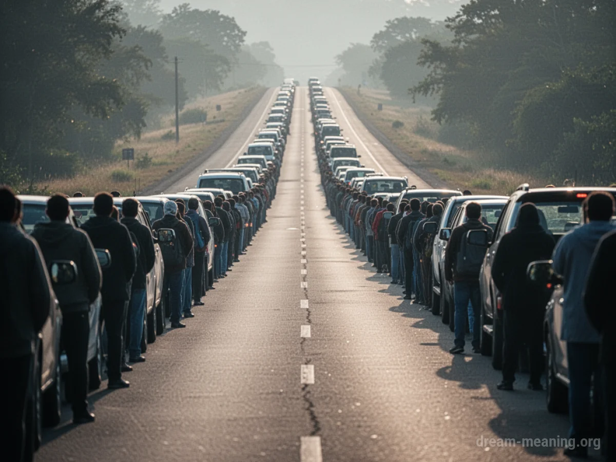 A line of people and cars forms a barrier across a road.
