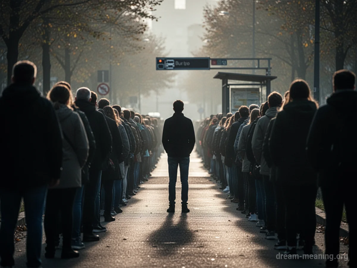 A line of silhouetted figures waiting at a bus stop.