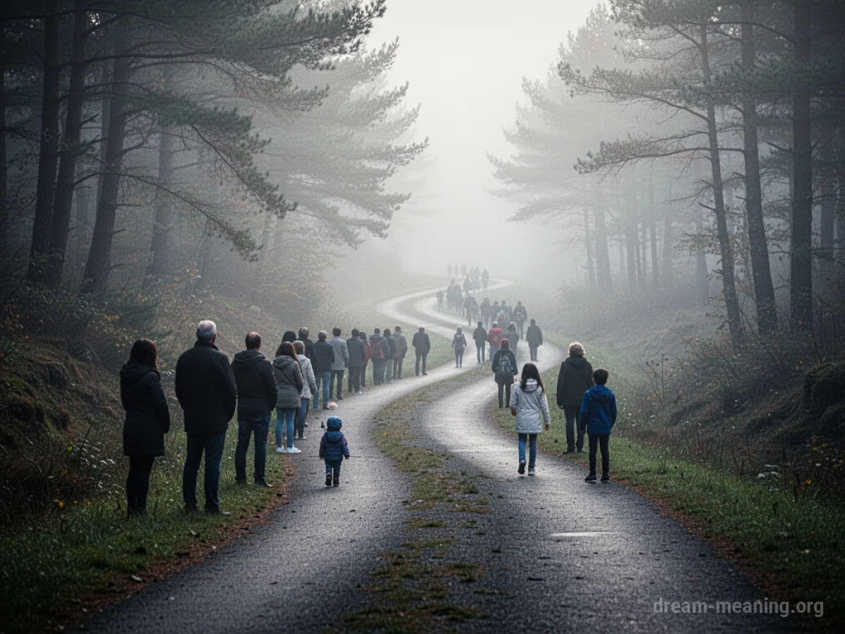 An empty path where a line of people was previously visible, now fading into mist.