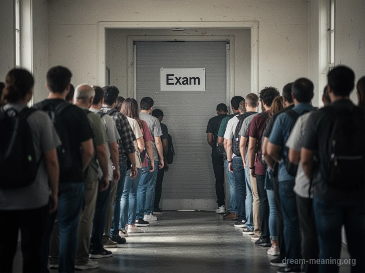 A line of people waiting outside a closed door marked 'Exam'.