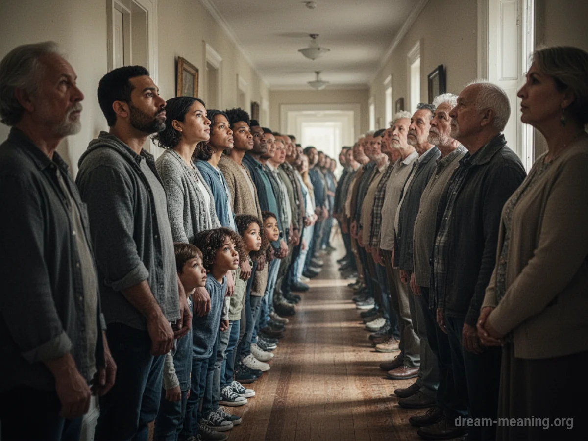 People standing in a long line in a hallway.