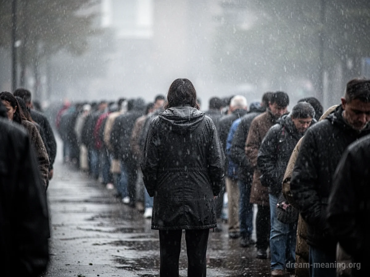 A person standing in a long line of people under falling rain.
