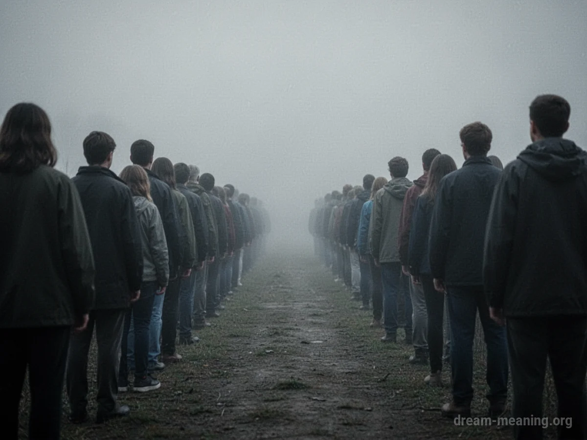 A long, static line of people stretching into a hazy distance.