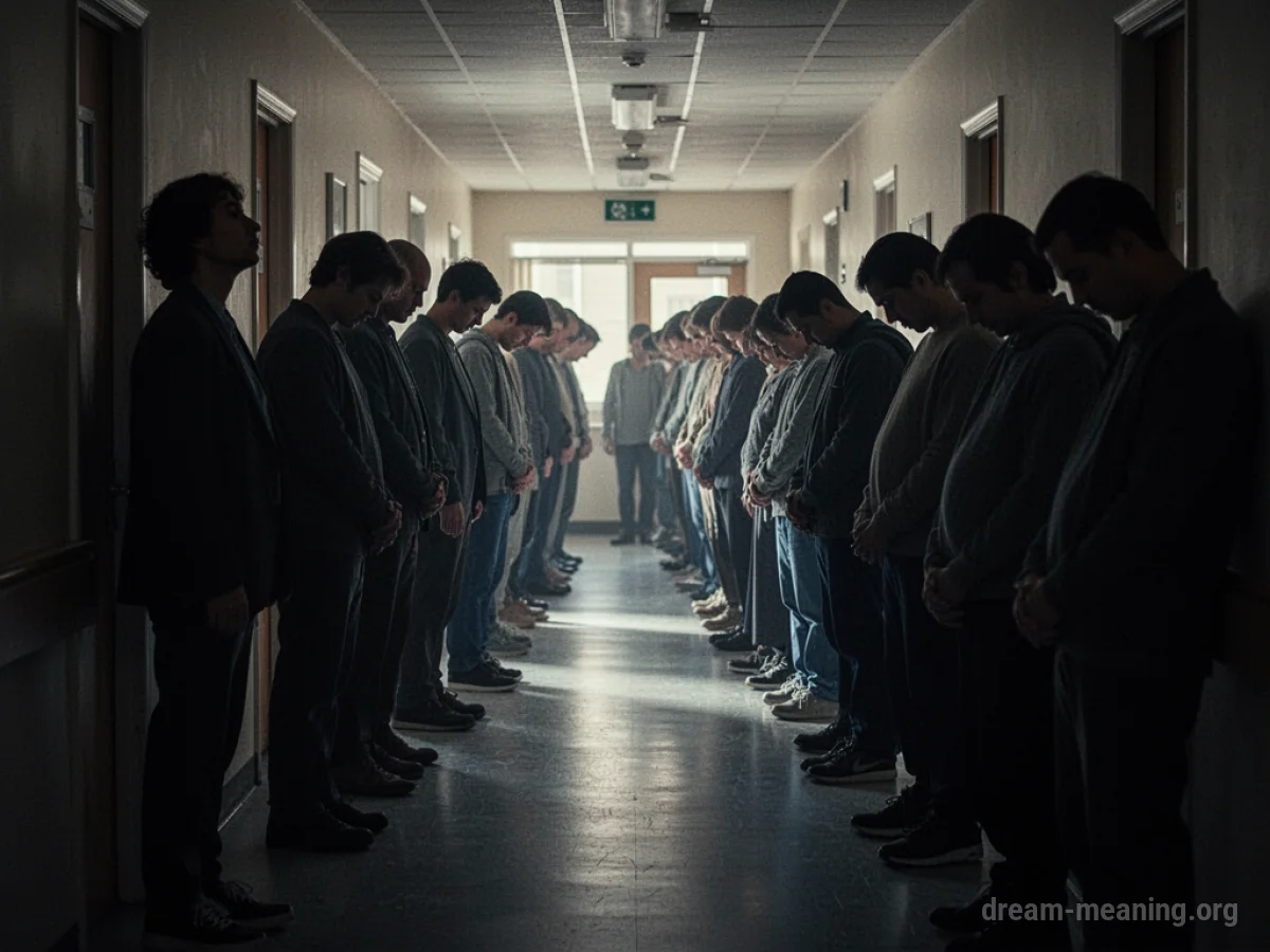 Silhouettes of people standing in a long line.