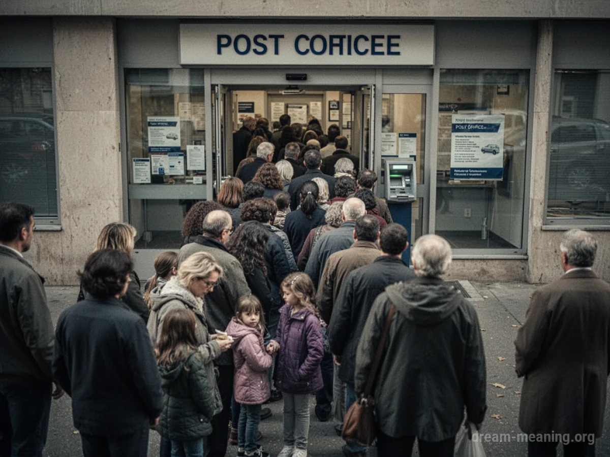 A line of people waiting outside a post office building.