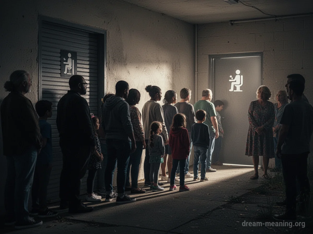 Silhouettes of people waiting in a line outside a door with a toilet symbol.