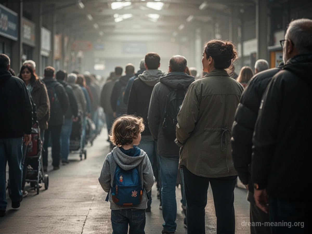 A parent and child stand side-by-side in a long queue.