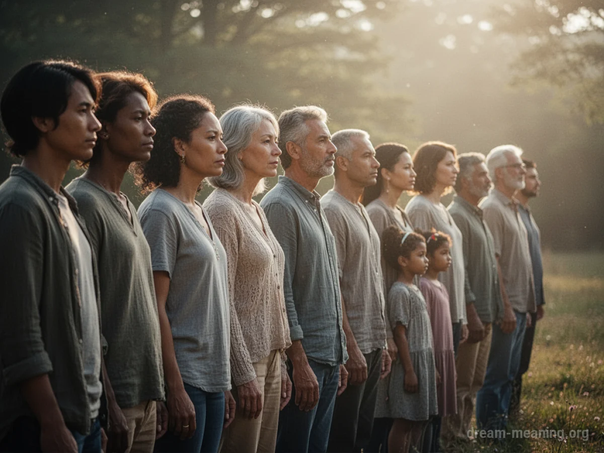 A diverse group of people standing in a single file line.