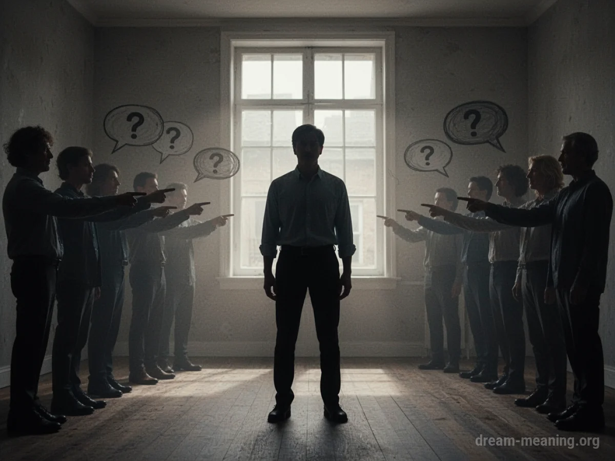 Silhouette of a person facing multiple pointing figures in a dimly lit room.