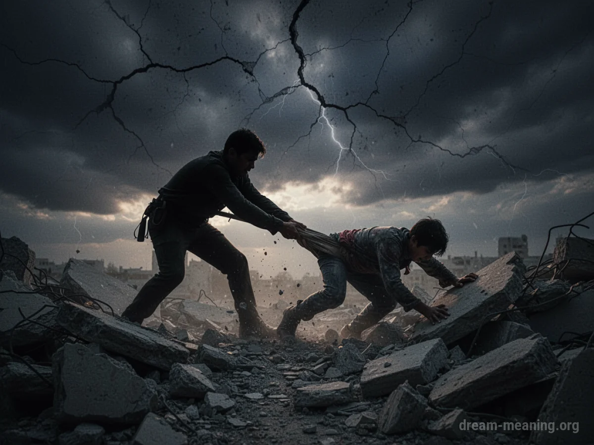 Silhouette of a rescuer pulling someone from debris.