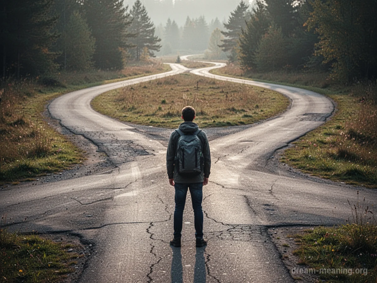 A person at a crossroads with multiple paths leading away.