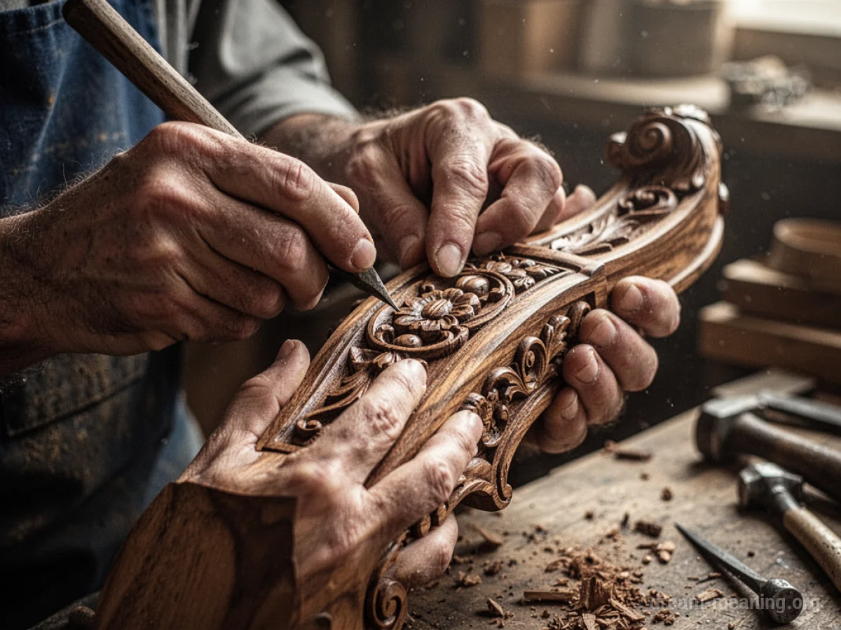 Hands carefully carving intricate details into a wooden sculpture.