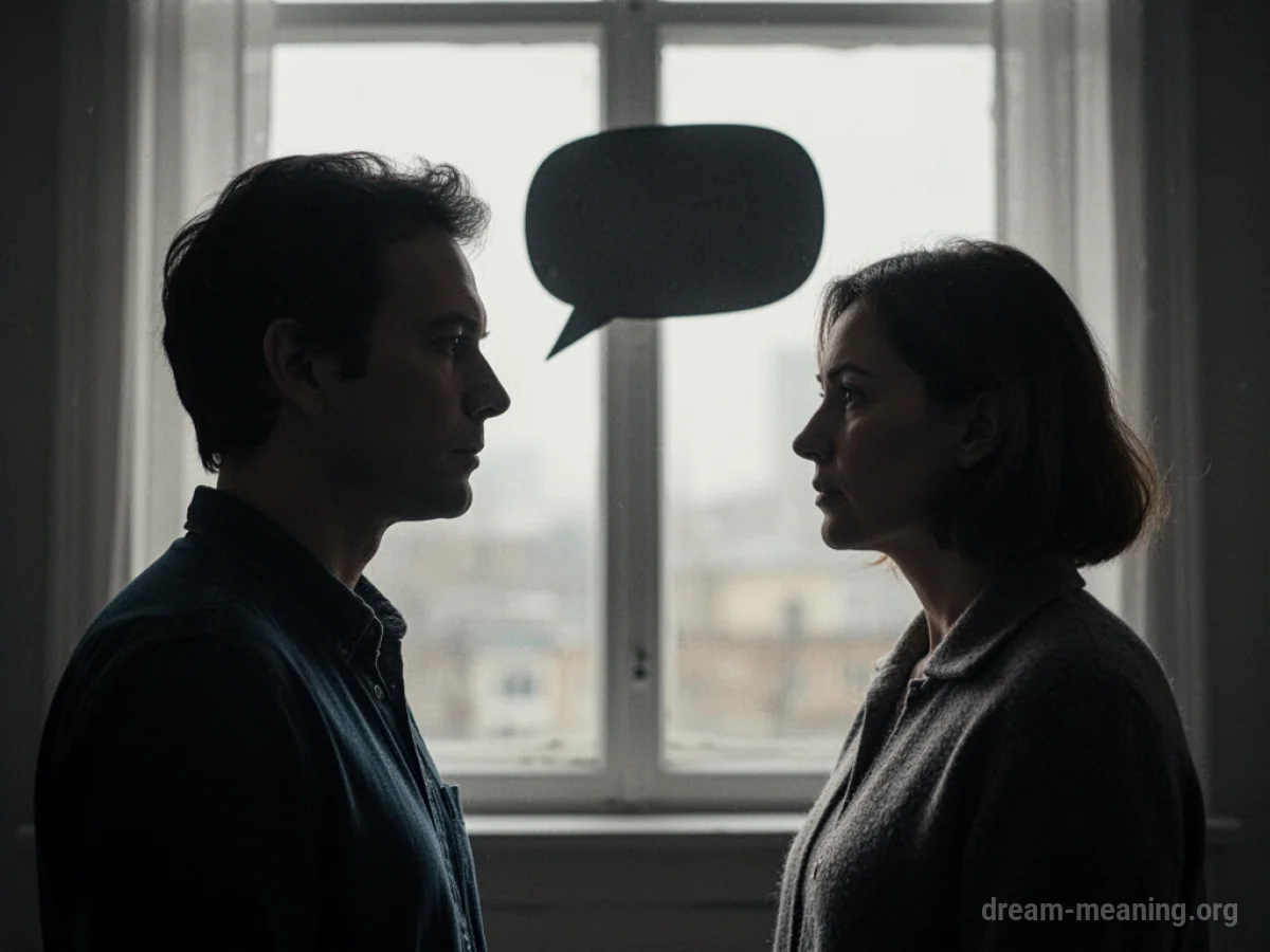 Two silhouetted figures facing each other with a faint visual element between them.
