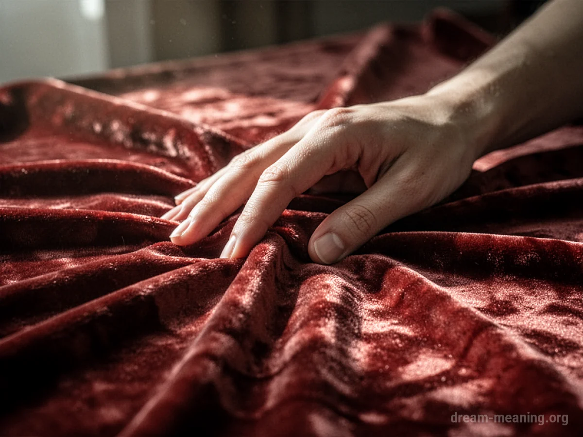 A close-up view of a hand brushing against a smooth, richly colored fabric.