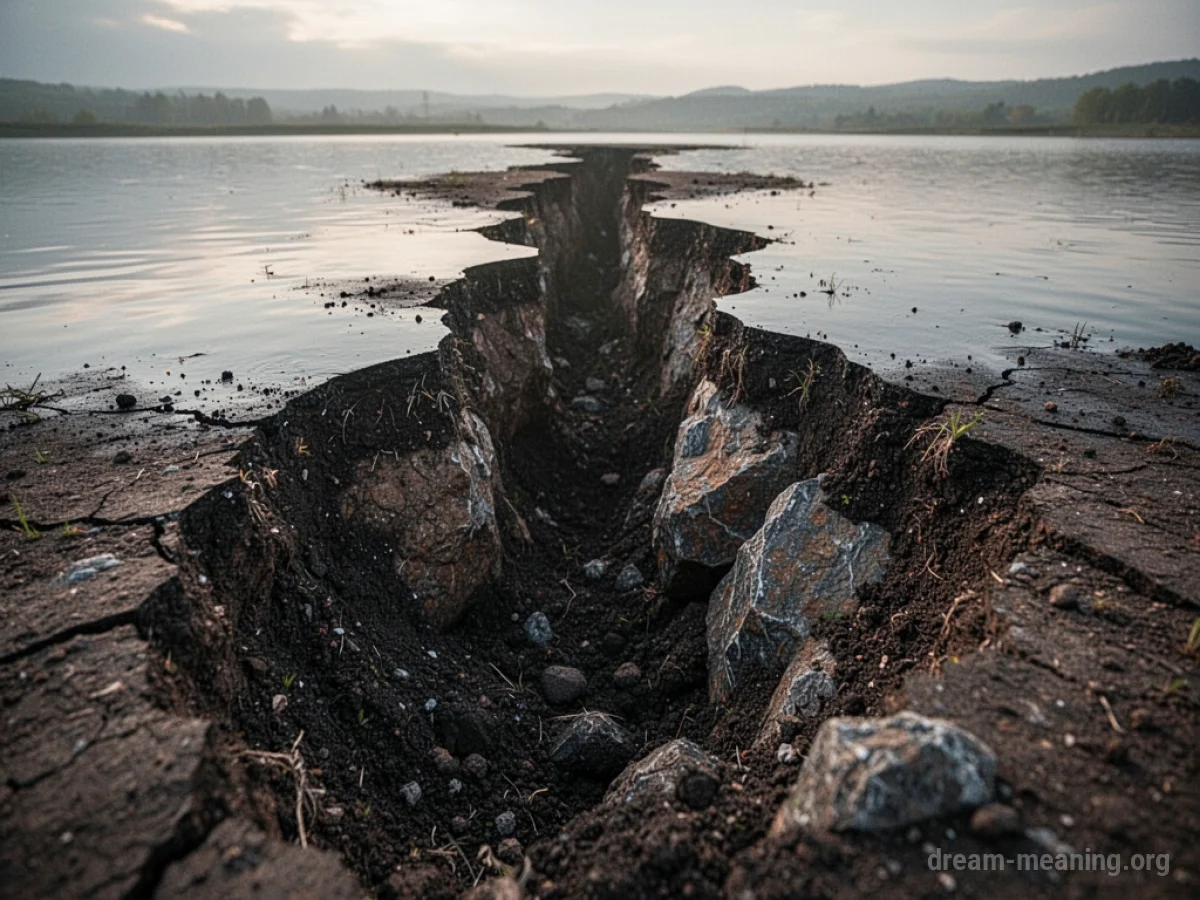 A crack appears in the ground, showing layers of earth below.
