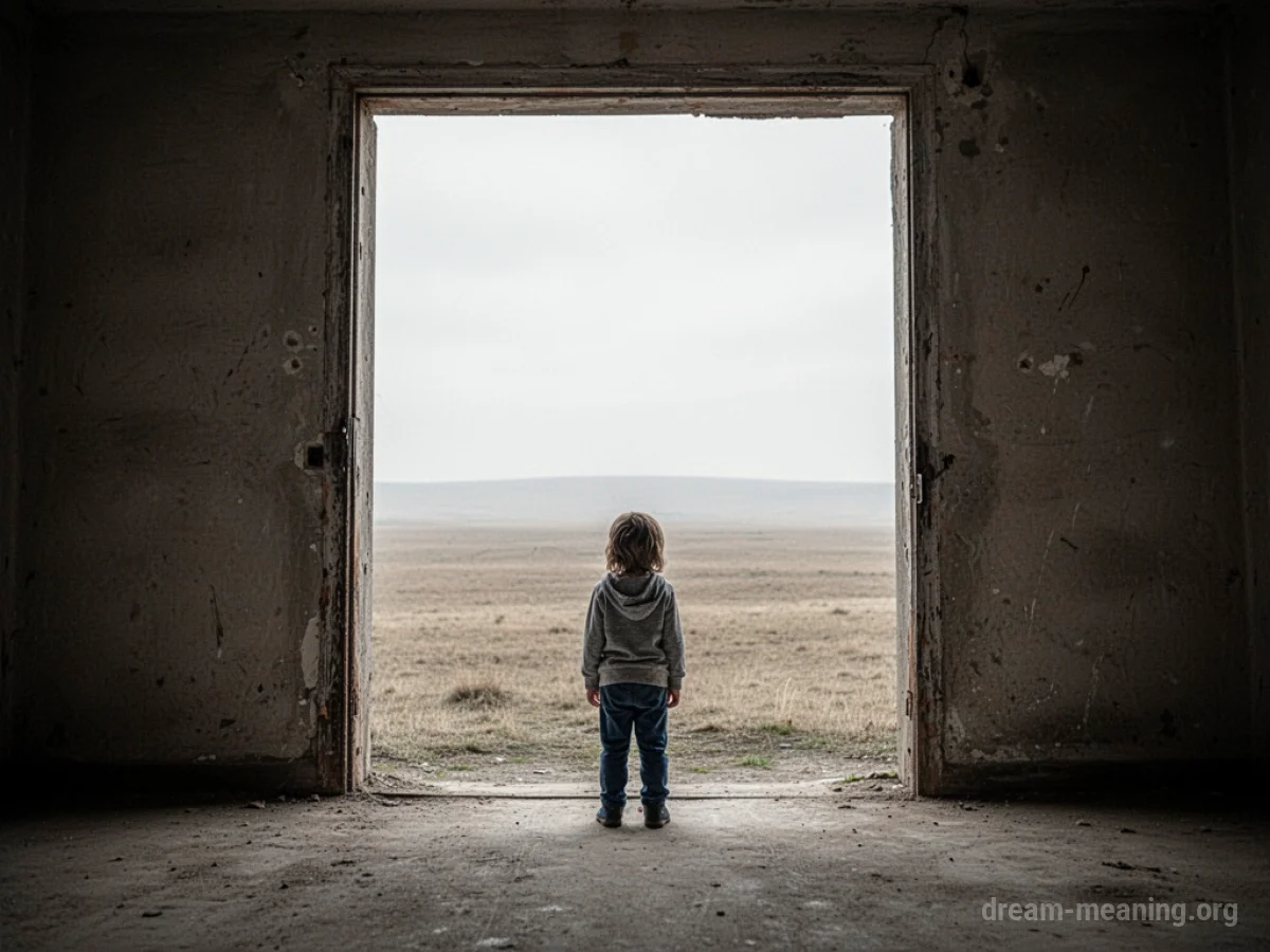 A small child stands alone in a doorway looking out at an empty landscape.