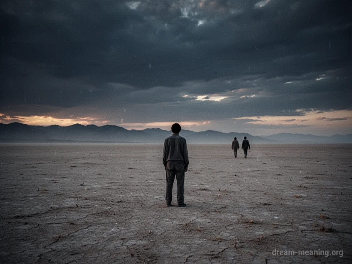 A lone figure viewed from behind on a desolate plain with two smaller figures walking away in the distance.