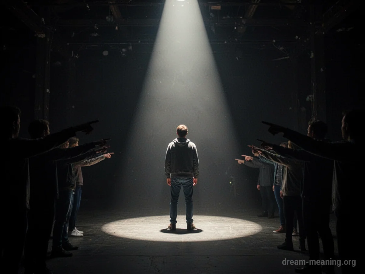 A solitary figure illuminated by a single spotlight, surrounded by dark, indistinct shapes.